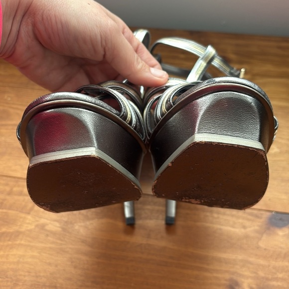 Yves Saint Laurent | Leather Metallic Silver and Gold Tribute Platform Sandals - Picture 9 of 15